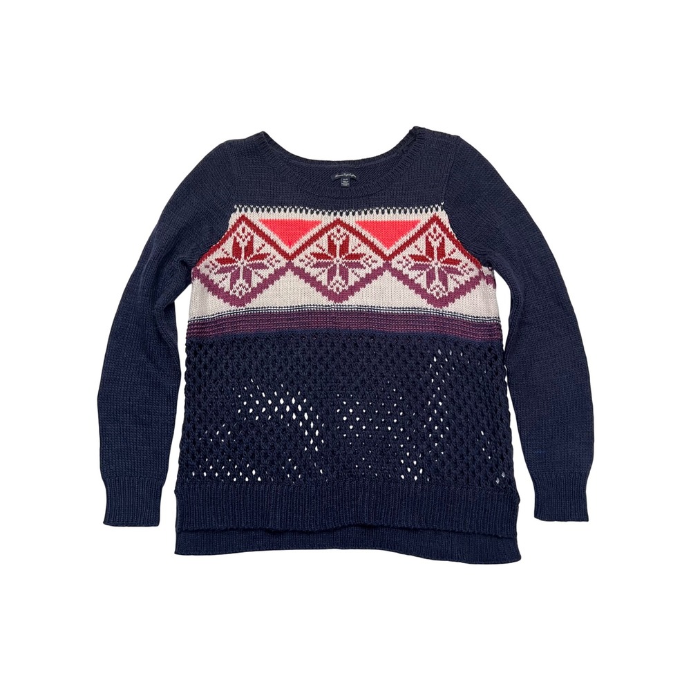 American Eagle Navy Blue Pink Fair Isle Snowflake Pointelle Knit Sweater XL